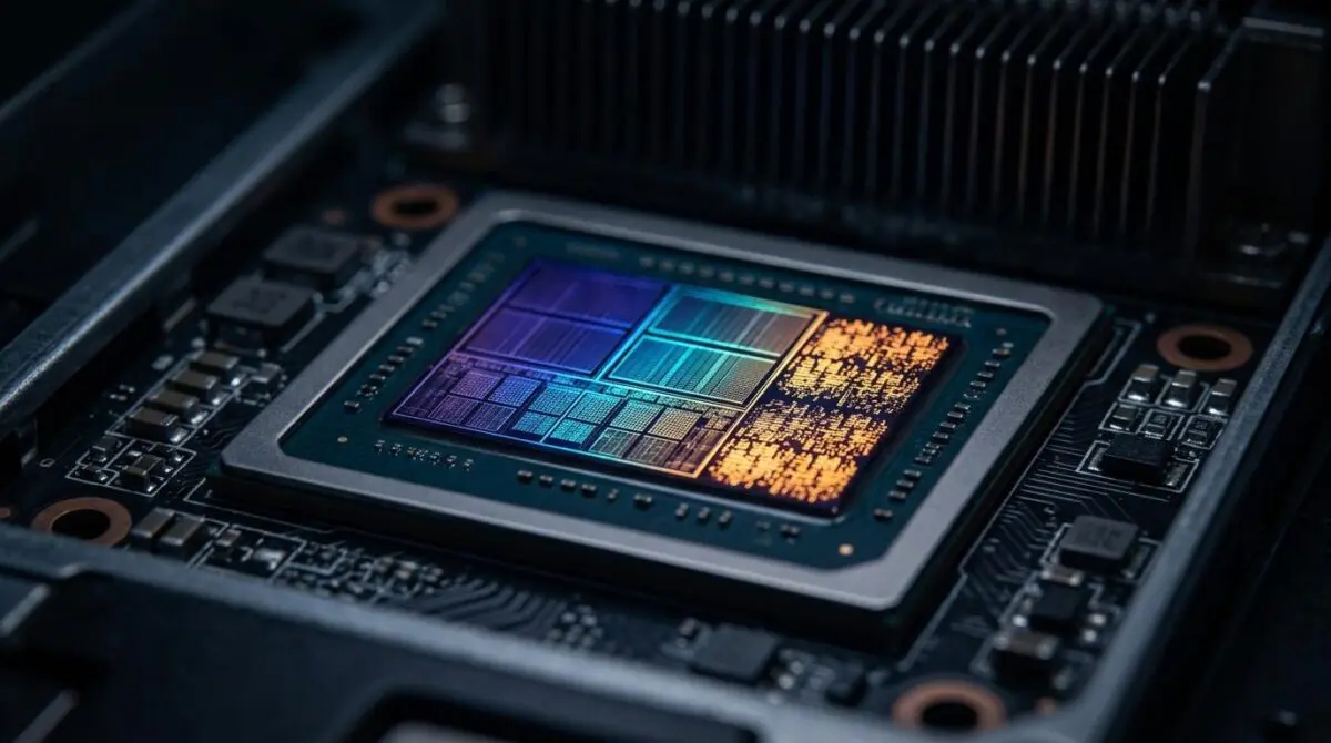 NVIDIA Blackwell B200 GPU die glowing with MXFP8 FlashAttention-4 tensor cores and TMEM accumulator lanes in a server tray.