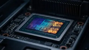 NVIDIA Blackwell B200 GPU die glowing with MXFP8 FlashAttention-4 tensor cores and TMEM accumulator lanes in a server tray.
