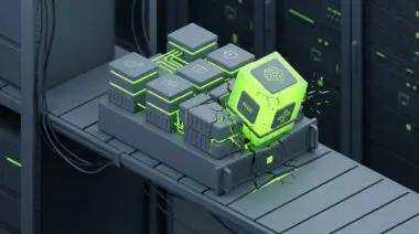 Isometric server stack cracking under a bulky neon-green AI block in a too-small hosting slot showing n8n VPS scaling failure