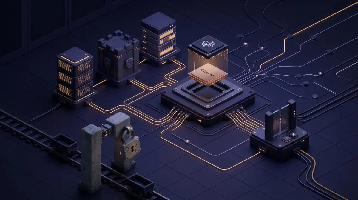Isometric 3D dark canvas of AI agent nodes with a cartridge slot swapping OpenAI and Claude chips, wired to logs, vault, memory, and approval gate.