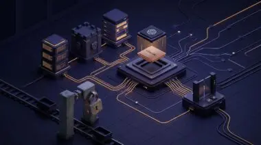 Isometric 3D dark canvas of AI agent nodes with a cartridge slot swapping OpenAI and Claude chips, wired to logs, vault, memory, and approval gate.