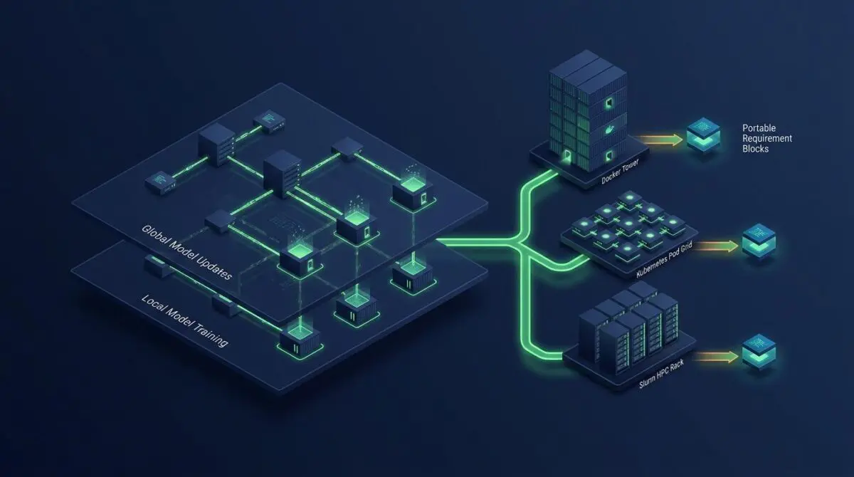 Isometric render of two stacked federated learning planes with Docker, Kubernetes, and Slurm nodes linked by a glowing resource bus, per NVIDIA FLARE 2.9.