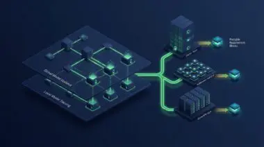 Isometric render of two stacked federated learning planes with Docker, Kubernetes, and Slurm nodes linked by a glowing resource bus, per NVIDIA FLARE 2.9.