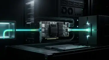 BlueField-4 DPU acts as the only hardware gate on a glowing cable between a sealed agent sandbox and AI model block, per NVIDIA agent safety tests.
