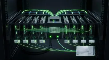 TensorRT multi-device serving: one model on eight GPUs, gRPC splits a 1280x720 frame into token tiles for denoised output.