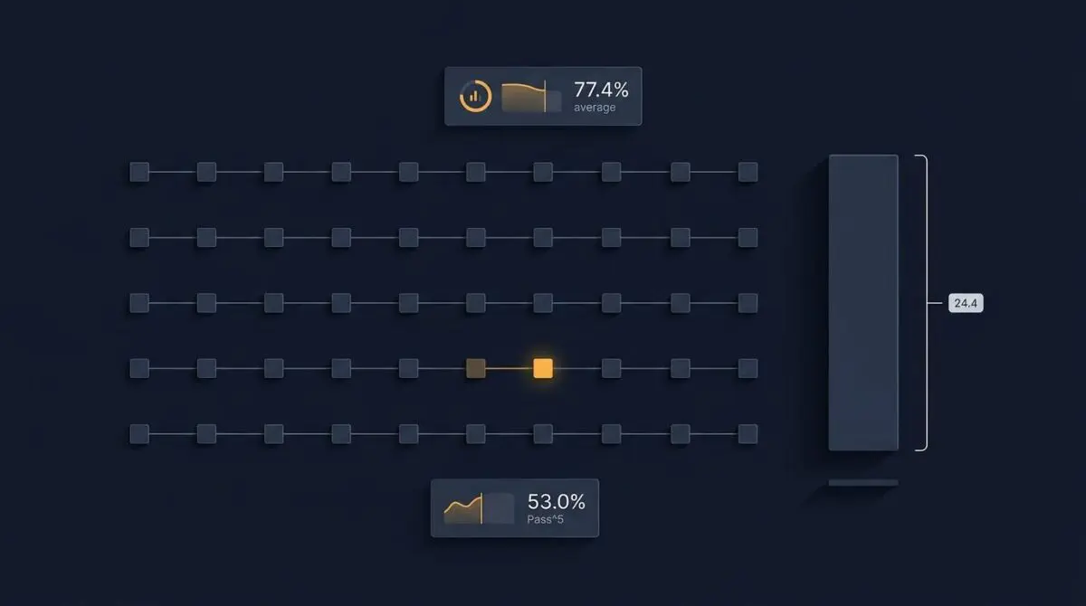 Five parallel AI agent trace tracks in a dark dashboard, one diverging node, illustrating Pass^k repeat-run reliability gaps.