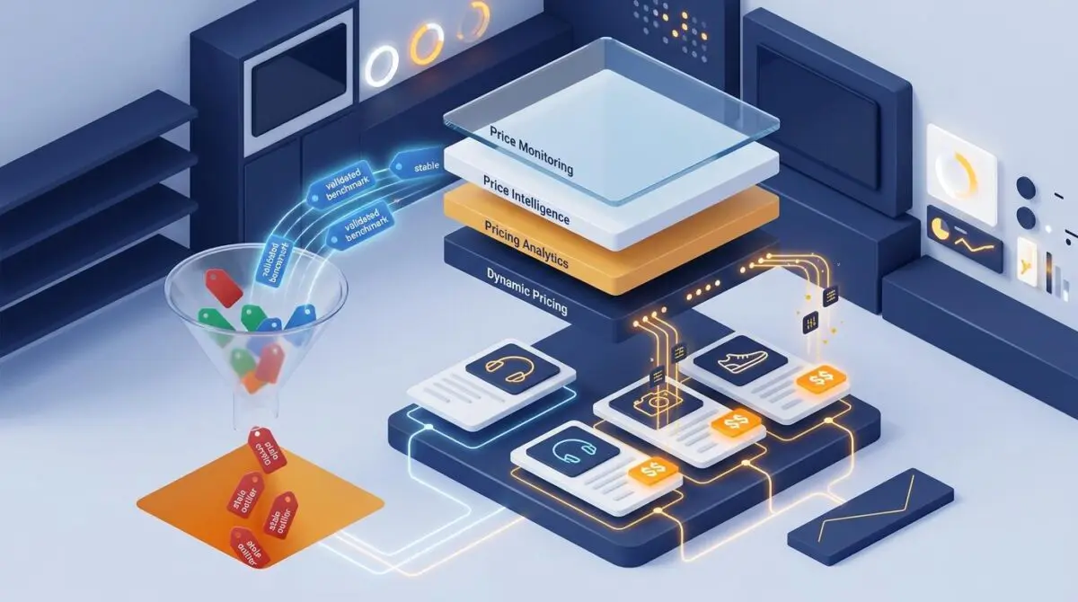 Isometric four-layer stack for price intelligence in 2026, with competitor tags sorted through a funnel and validated benchmarks rising into dynamic pricing.