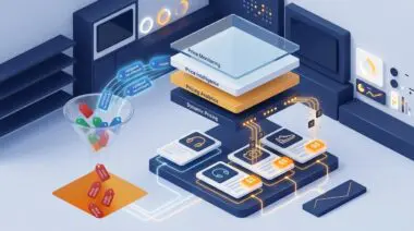 Isometric four-layer stack for price intelligence in 2026, with competitor tags sorted through a funnel and validated benchmarks rising into dynamic pricing.