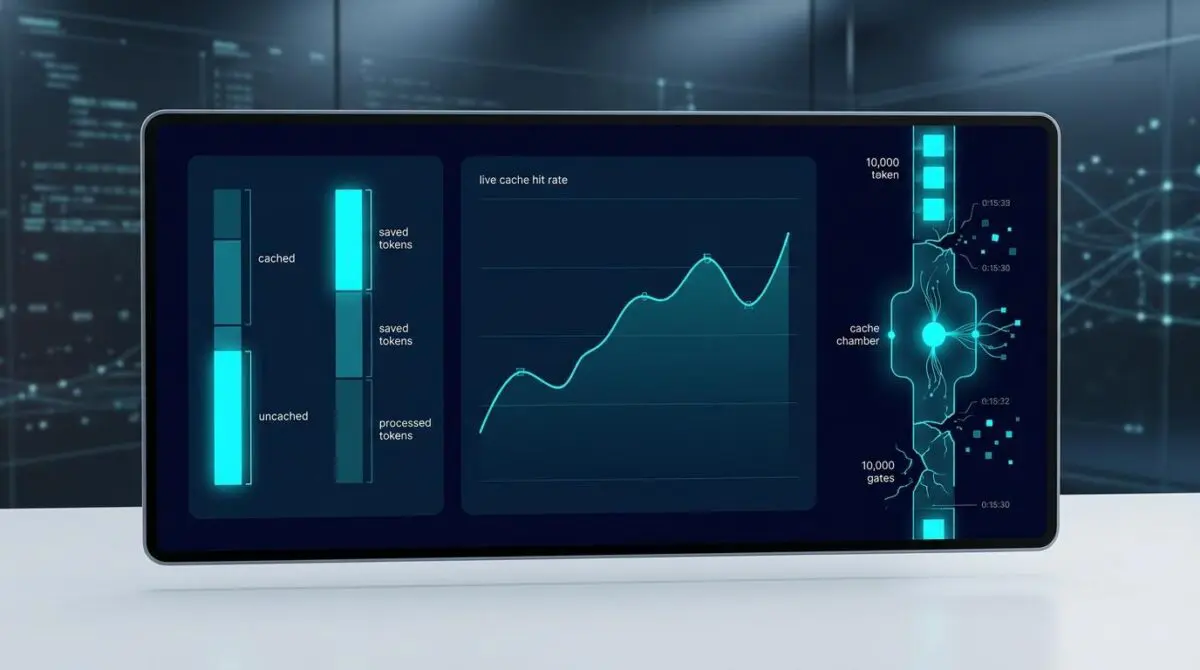 Prompt caching control plane dashboard for persistent AI agents: cached vs uncached token bars, chamber, live hit rate graph.