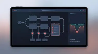 Dark-mode node canvas splitting an n8n workflow into production and evaluation lanes, scoring prompt regression test rows against a saved baseline.
