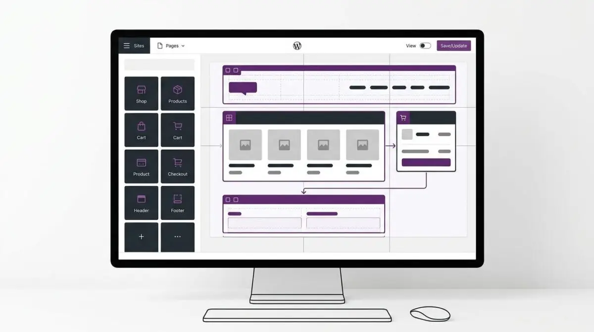 Purple WooCommerce theme in the WordPress Site Editor, with shop, product, cart, and checkout blocks snapping into a ready-to-sell storefront.