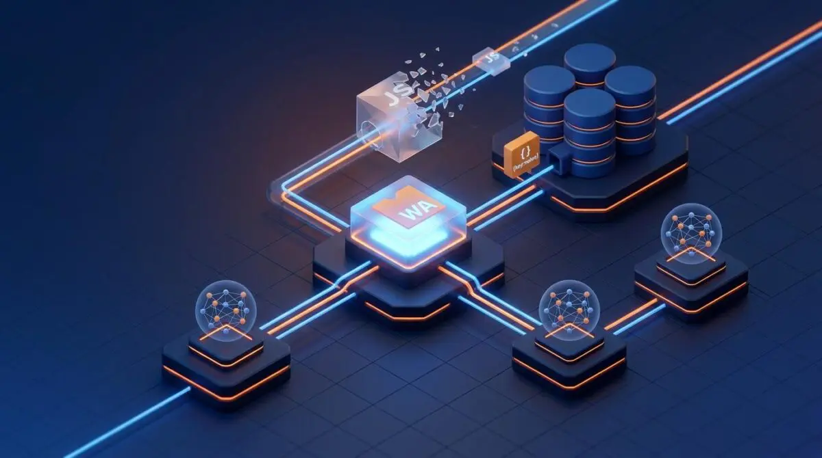 Glowing WebAssembly block on an edge node feeds database and AI endpoints as Python workers reach GA, bypassing the dissolving JavaScript conversion chamber.