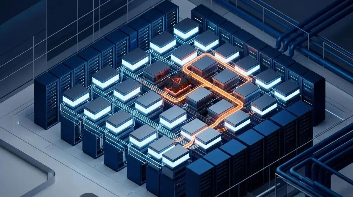 Isometric GPU tile cluster with orange reroute around failed tile symbolizing PyTorch 2.14 fault tolerance.