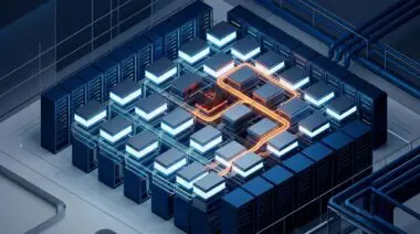 Isometric GPU tile cluster with orange reroute around failed tile symbolizing PyTorch 2.14 fault tolerance.