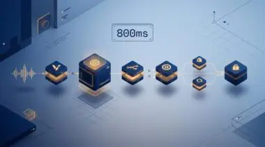 Isometric 3D render of a five-layer retail voice AI pipeline with glowing modules, webhook arrows, and a sealed vendor-managed order module.