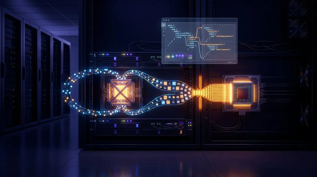 Glowing data packets loop through a GPU inference rack at night, illustrating Shopify's GraphQL agent cutting serving costs 96% with a daily learning loop.