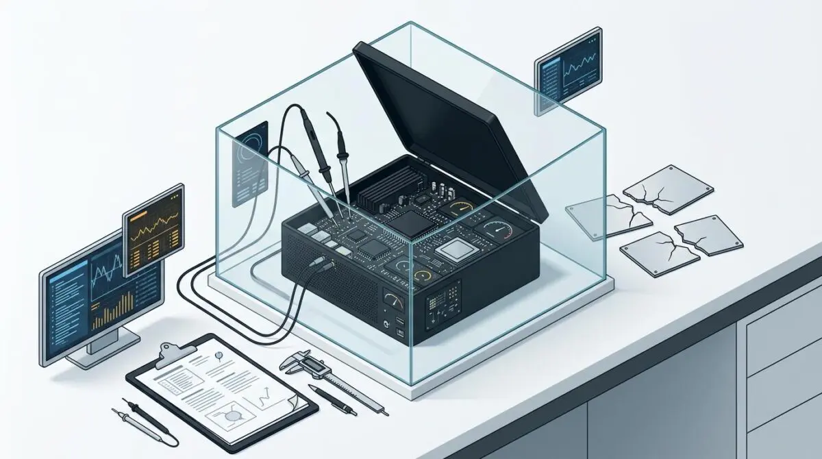 Dissected AI server in a glass testing chamber with probes and readouts, illustrating Stanford's Landay: test what AI actually does before writing policy.
