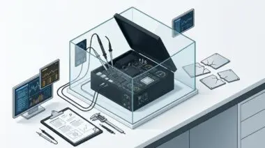 Dissected AI server in a glass testing chamber with probes and readouts, illustrating Stanford's Landay: test what AI actually does before writing policy.