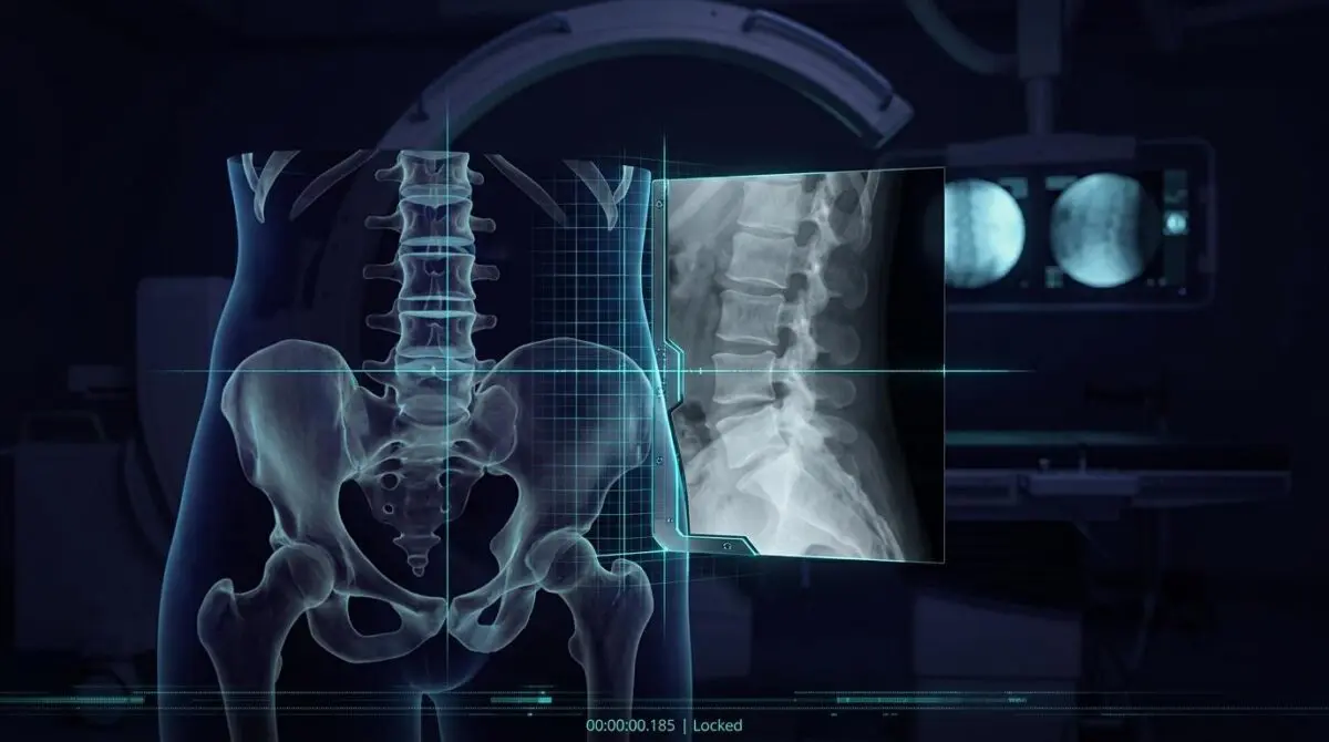 Cyan crosshairs lock a translucent CT volume to a grayscale X-ray under a C-arm for sub-millimeter surgical navigation.