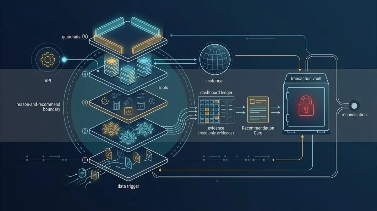 Diagram of fintech agent workloads: five AI layers around the reason-and-recommend boundary, ledger evidence, locked vault.