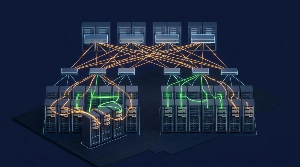 Isometric 3D GPU cluster topology map showing leaf-spine fabric, RDMA NICs, and red versus green path routing for Kubernetes and Slurm.