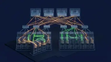 Isometric 3D GPU cluster topology map showing leaf-spine fabric, RDMA NICs, and red versus green path routing for Kubernetes and Slurm.