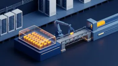Isometric render of a database outbox table with pending events, a relay arm carrying an amber capsule over a repaired bridge to a message broker queue.