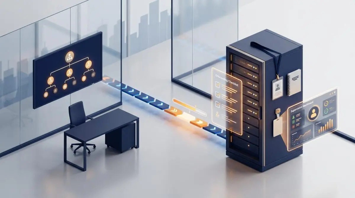 Isometric server rack onboarding station with ID badge and keycard in a glass office, treating AI like a new hire.