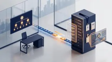 Isometric server rack onboarding station with ID badge and keycard in a glass office, treating AI like a new hire.