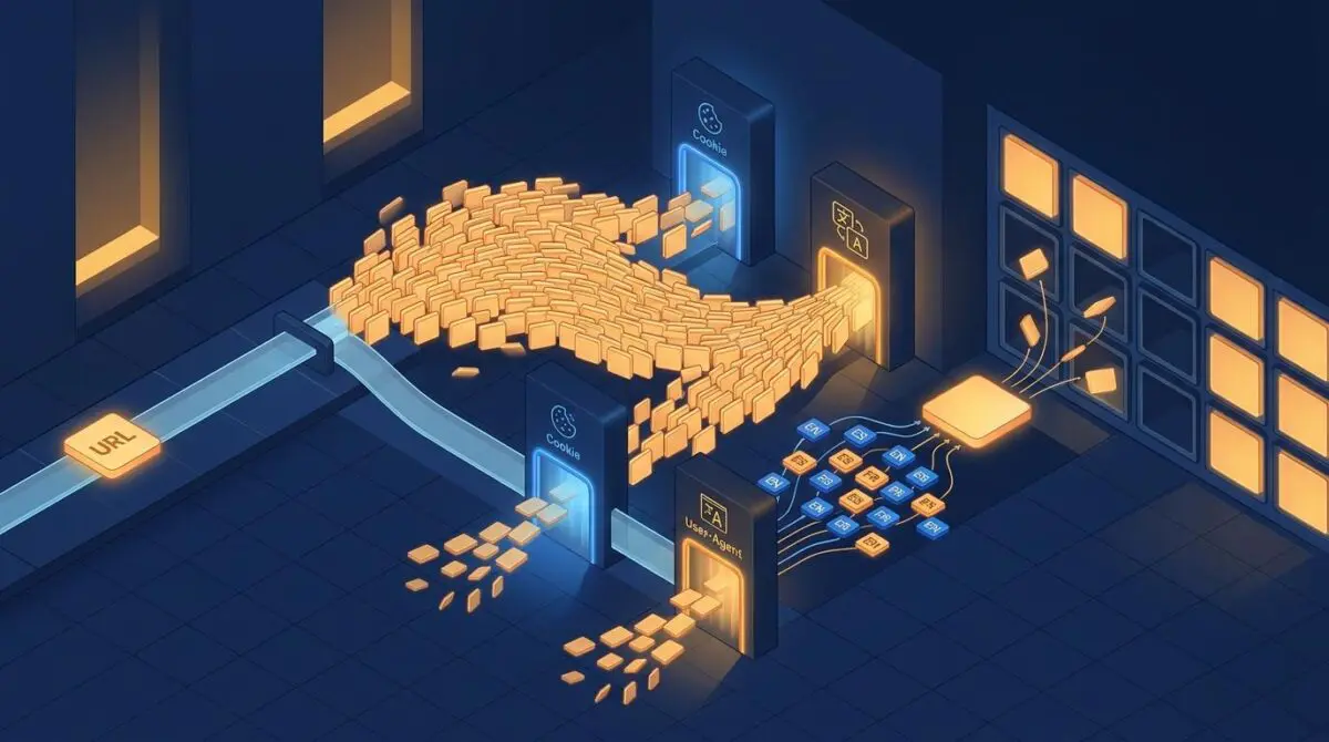 Isometric render of a CDN cache key vault with URLs splitting into response tiles, illustrating Cloudflare cache rules with normalize, passthrough, and bypass.