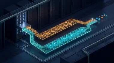 Isometric vLLM two-path GPU server splits into amber fused-chip and cyan portable-layer lanes, converging on one output.