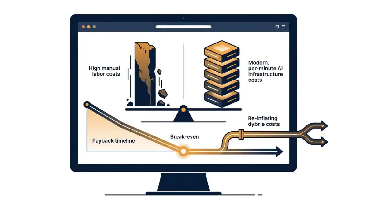 Manual labor cost bar collapsing into stacked AI per-minute cost tower on a balance beam for voice agent ROI break-even.
