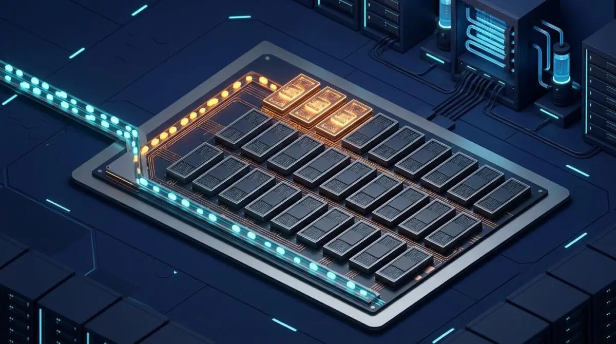 Isometric 3D render of a 30B MoE firing 3B parameters/token: 30 expert blocks, three glowing, token routed via router gate.