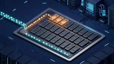 Isometric 3D render of a 30B MoE firing 3B parameters/token: 30 expert blocks, three glowing, token routed via router gate.