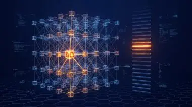3D lattice of glowing transformer blocks as a spin glass, one bright block rising beside a luminous 17th rung energy ladder in LLM pruning.