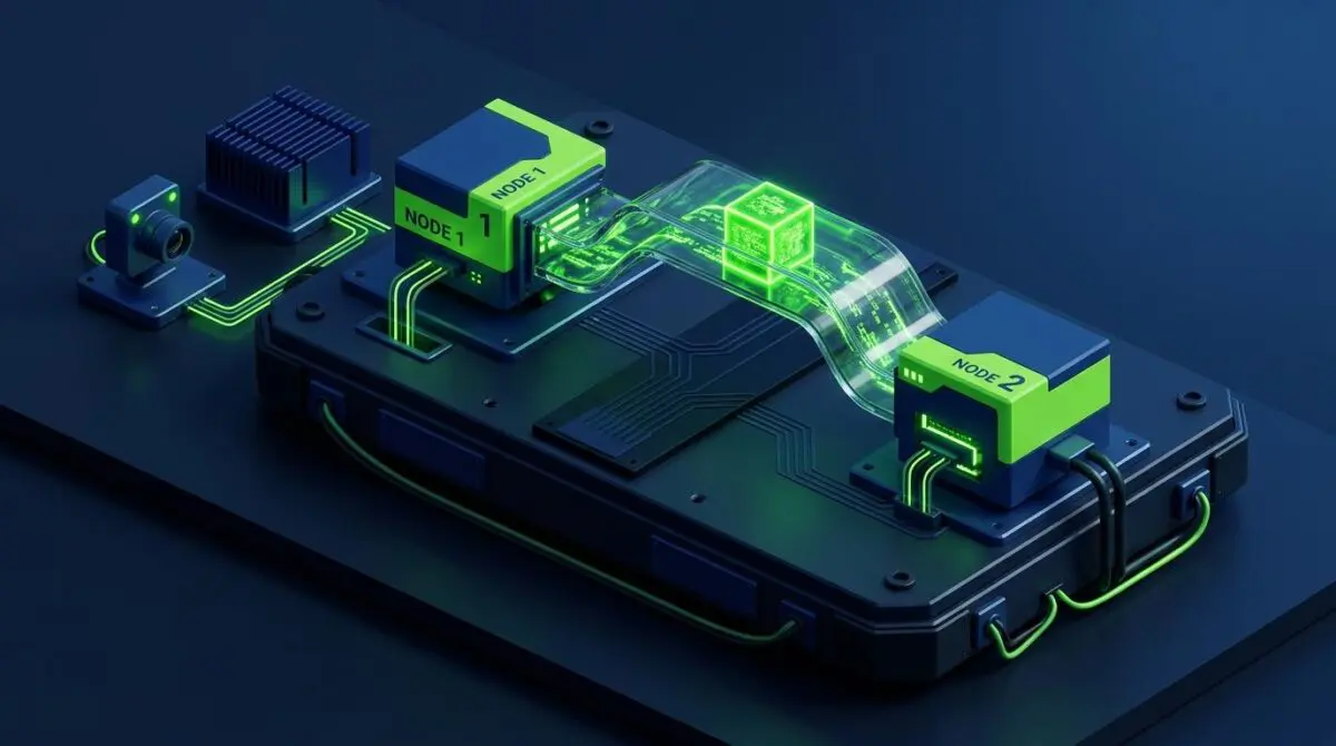 Isometric view of two ROS 2 nodes exchanging a glowing image cube through a glass GPU conduit, zero-copy transport.