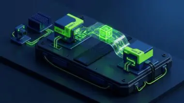 Isometric view of two ROS 2 nodes exchanging a glowing image cube through a glass GPU conduit, zero-copy transport.