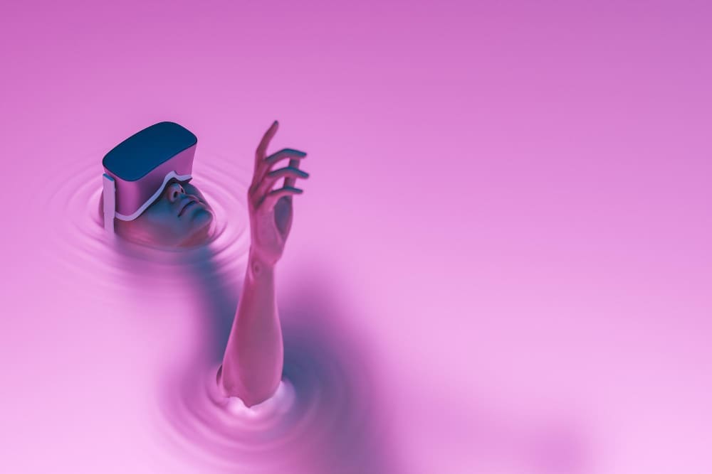 Concept of a surreal girl with VR glasses immersed in a liquid, creating a strong brand image