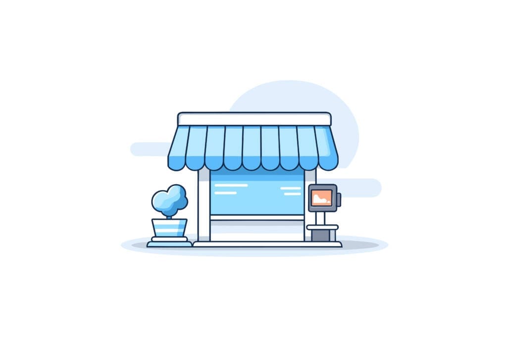 Vector illustration of a cozy store with a blue awning and a charming potted plant that embodies the essence of a local SEO concept.