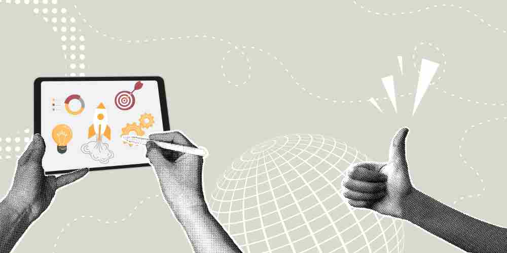 Collage illustration showing hands interacting with a tablet displaying startup icons and a thumbs-up gesture.