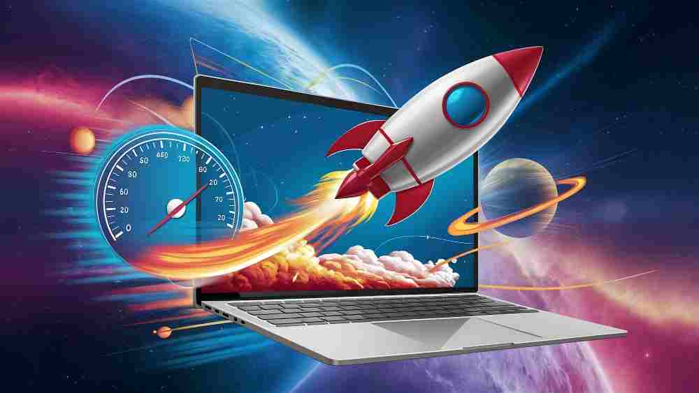 A rocket launches from a laptop screen against a space background, accompanied by a speedometer gauge indicating high speed.