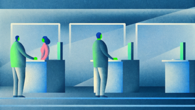 Shoppers exit a checkout-free retail store as computer vision sensors scan items, enabling seamless payment.