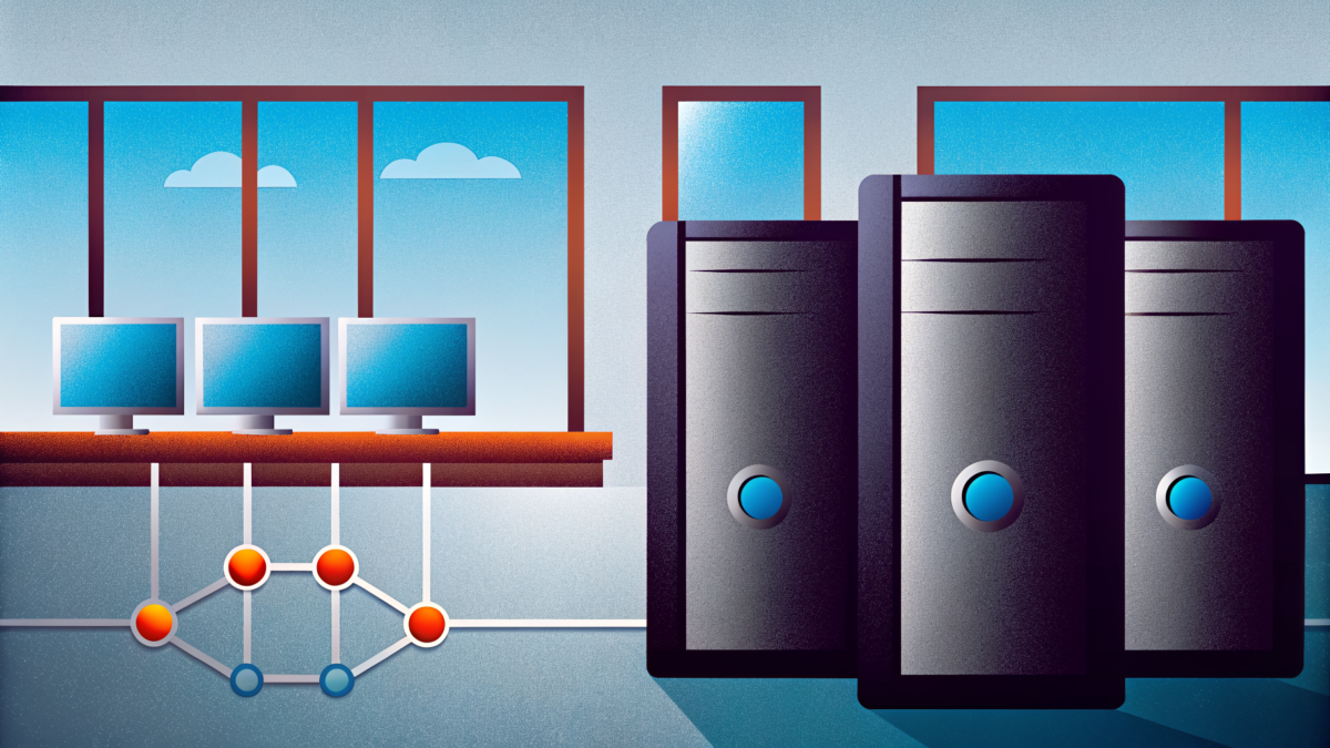Modern business scene with decentralized computing node network system
