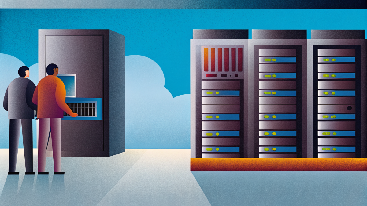 Disaster Recovery IT infrastructure restoration with servers and data backup systems.