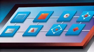 IT Service Management strategic framework design system with interconnected gears and data flow.