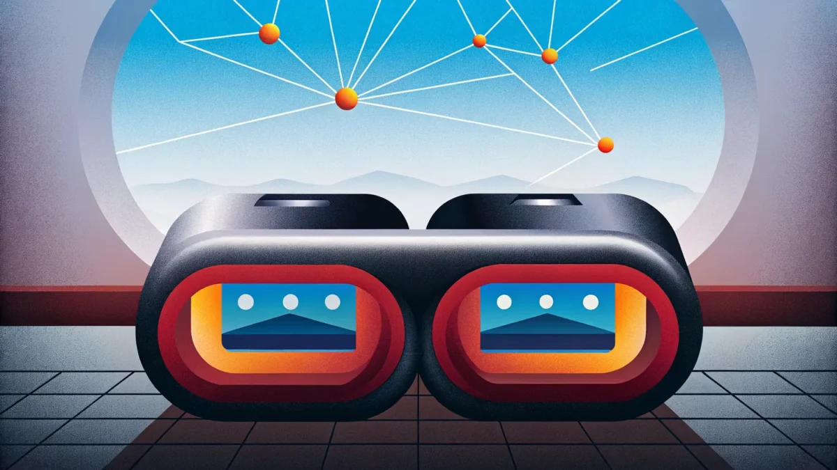 Business professionals exploring a persistent shared virtual space with AR VR and blockchain technology in the metaverse.