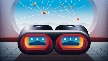 Business professionals exploring a persistent shared virtual space with AR VR and blockchain technology in the metaverse.