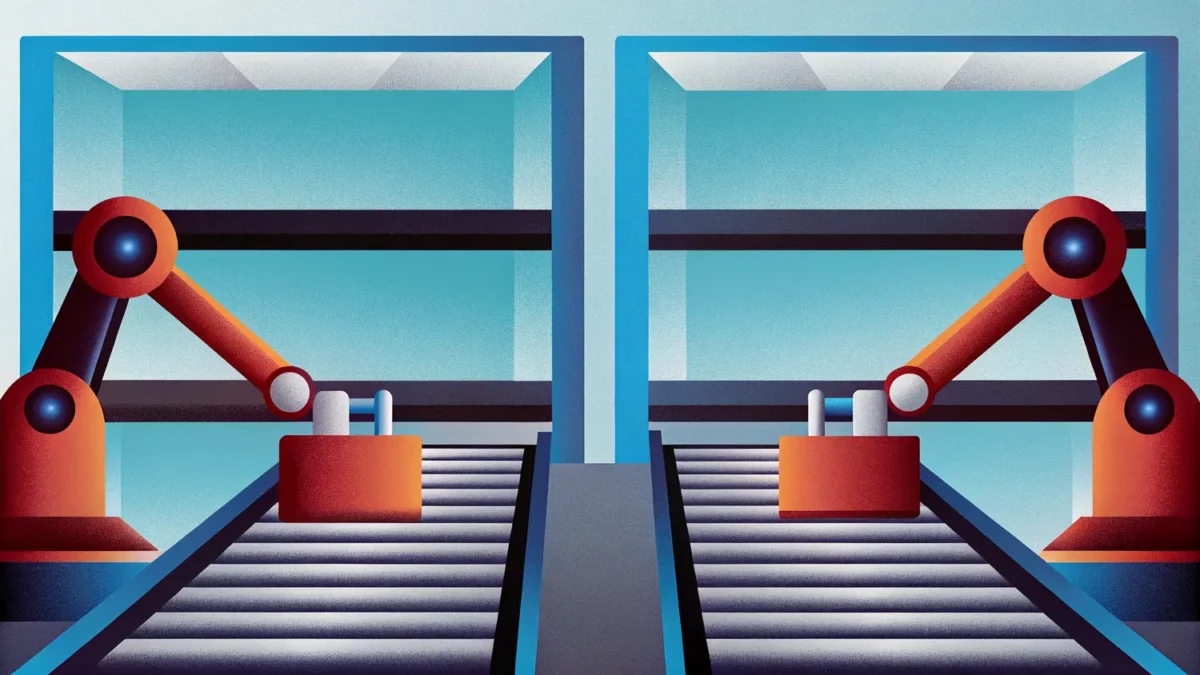 Automated robots sorting packages in a micro-fulfillment center for rapid urban delivery.