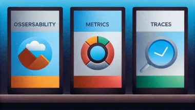 Dashboard displaying observability logs, metrics, and traces for system state analysis.