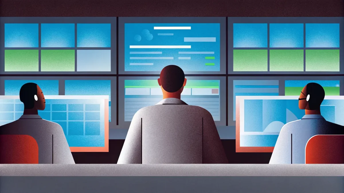 Security Operations Center team monitoring threats on multiple screens in a modern SOC environment.